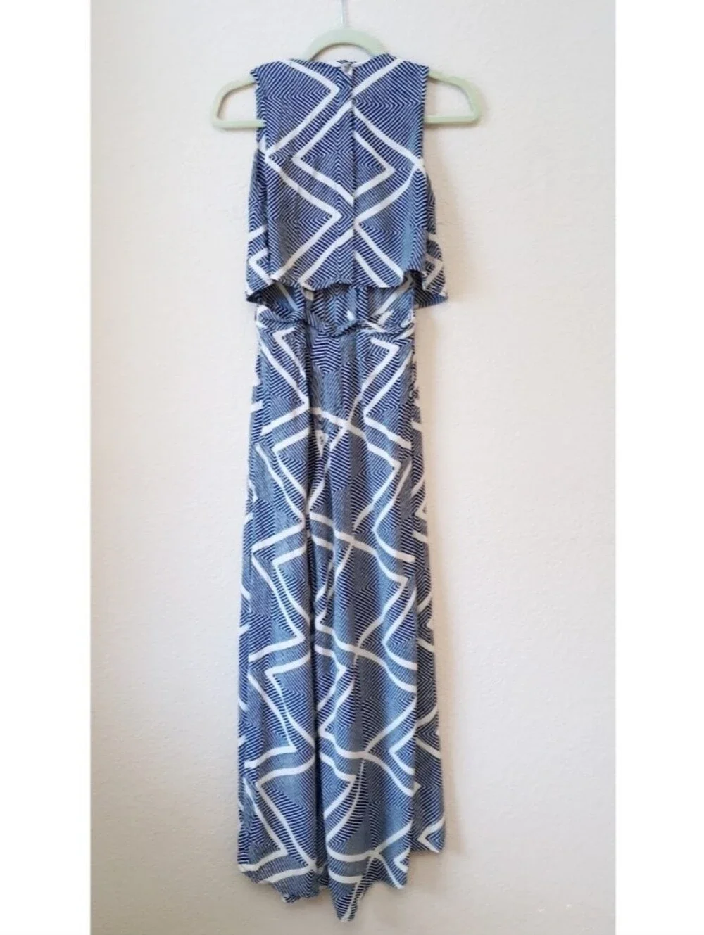 Mister Zimi blue and white geometric pattern pop-over wide-leg jumpsuit
